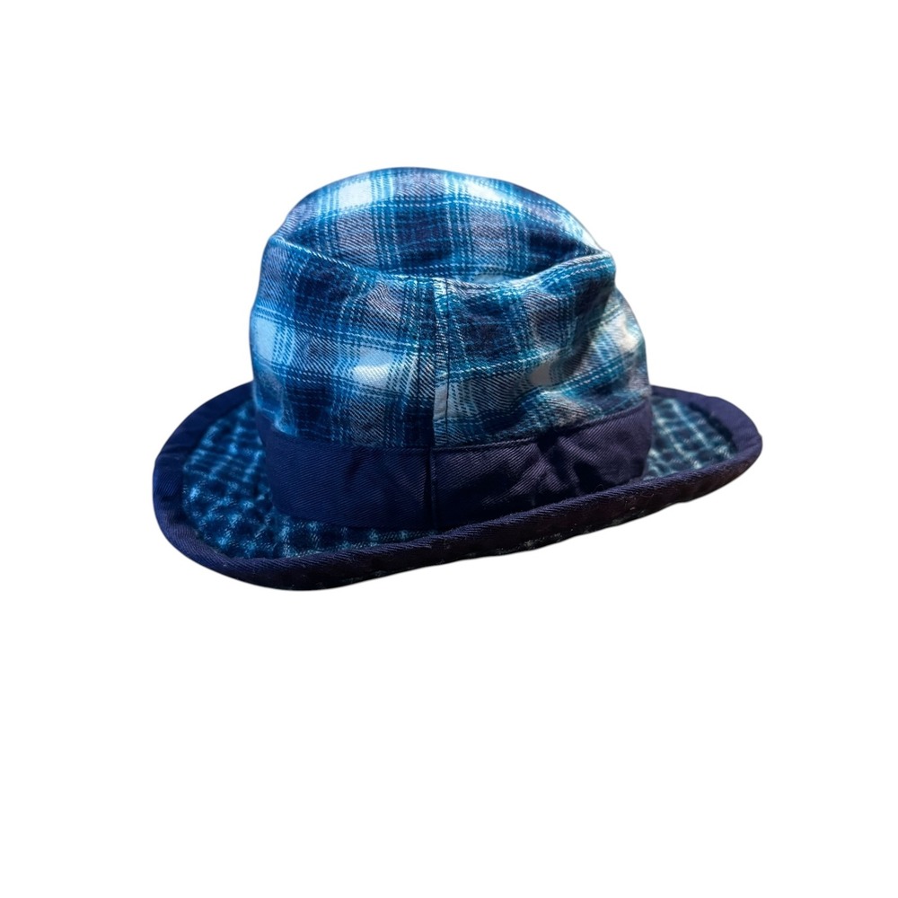 Baby Gap VTG 90s Blue Plaid Cotton Bucket Hat XS/S Navy Trim Flannel Style - Picture 2 of 11